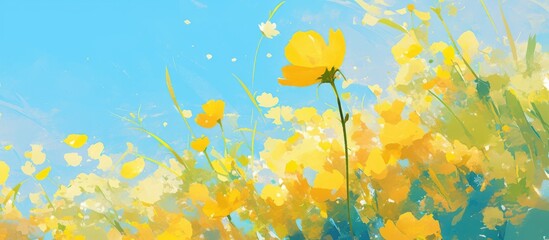 Wall Mural - Yellow flower painting against a blue backdrop featuring a stunning natural scene Abstract spring motif with selective focus