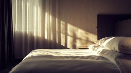 Wall Mural - A serene hotel room with soft sunlight illuminating a neatly made bed.