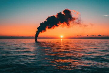 Wall Mural - Black Smoke Rising from the Ocean at Sunset