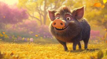 Wall Mural - A cheerful cartoon boar stands in a vibrant, sunlit landscape filled with flowers.