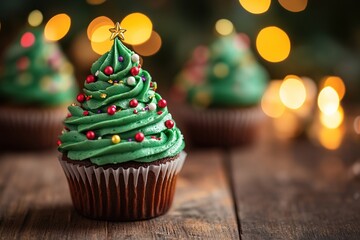 Wall Mural - Christmas cupcake decorated with green frosting shaped like a Christmas tree, adorned with colorful sprinkles and a star topper, with festive lights in the background