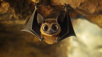 Canvas Print - A cute animated bat hanging upside down in a cave, showcasing large expressive eyes.