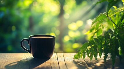 Wall Mural - A black mug of coffee on a wooden table with green leaves in the background.