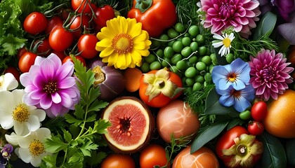 vibrant array of fresh produce and blossoming flowers in a colorful close-up display