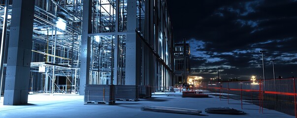 nighttime image of a futuristic data center under construction, with a focus on security features an