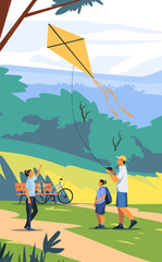 Family flying kite in park nature scene with trees people enjoying outdoor activity colorful landscape