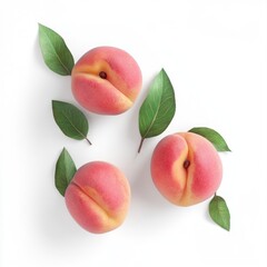 Wall Mural - Three peaches with leaves arranged on a white background.