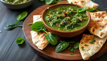 Wall Mural - Creamy Baked Spinach and Artichoke Dip Accompanied by Crunchy Pita Chips for a Flavorful Appetizer Experience