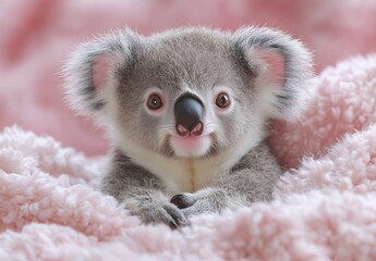 The cutest little koala you have ever seen, beautiful eyes, a cute nose, fluffy ears, pink blanket