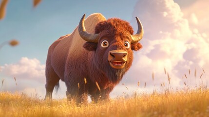 Wall Mural - A cheerful animated bison stands in a vibrant meadow under a sunny sky.