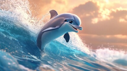 Poster - A joyful dolphin leaps from the ocean waves against a colorful sunset backdrop.