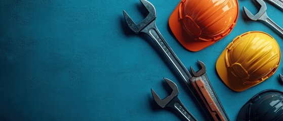 Colorful hard hats and wrenches arranged on a blue surface, ideal for construction and safety-themed projects, background with copy space.