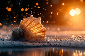 Wall Mural - Seashell in Golden Sunset with Water Droplets and Bokeh