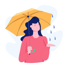 Wall Mural - Girl enjoying rain with umbrella, flat illustration 