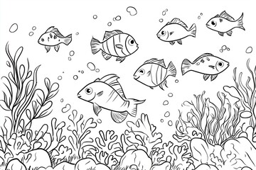 Coloring page of a group of playful fish swimming through a coral reef