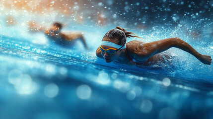 Dynamic action shot of a swimmer in motion, showcasing athleticism and intensity in a vibrant blue pool environment.