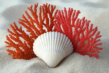 Wall Mural - White Seashell Between Two Red Coral Branches on Sand