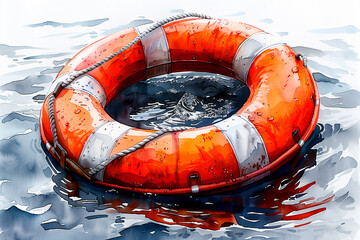 Watercolor illustration of a red lifebuoy with white stripes on the water.