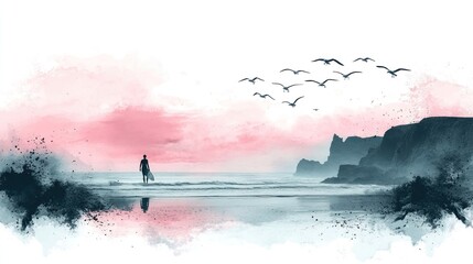 A serene beach scene with a figure walking along the shore.