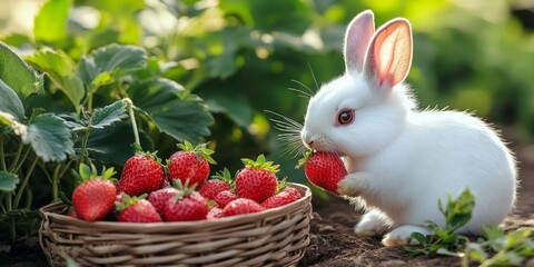 Wall Mural - A cute white rabbit is enjoying fresh strawberries in a lush garden. The image captures the joy of nature and the sweetness of summer fruit. Perfect for food or animal lovers. AI