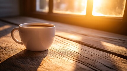 Wall Mural - A cup of coffee sits on a wooden table in the warm glow of the morning sun.