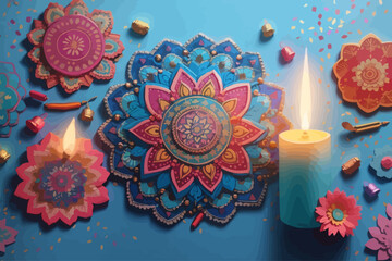 Wall Mural - pastel mandalas , with Diwali fireworks and Diwali lamps on a light blue background