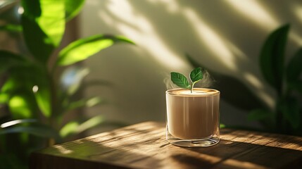 Wall Mural - A cup of coffee with a green leaf growing out of it, on a wooden surface.