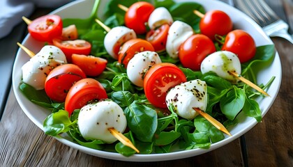 Wall Mural - Vibrant Caprese Salad Skewers Featuring Creamy Mozzarella and Succulent Tomatoes for the Ultimate Summer Delight