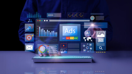 Digital marketing commerce online sale concept, Businessman using laptop with Ads dashboard digital marketing strategy analysis for branding. online advertisement, ad on website and social media.
