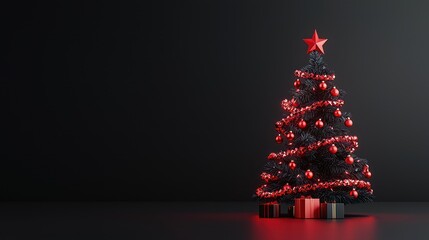 festive christmas tree with red and black garland illuminated in warm glow - high quality 8k 3d rend