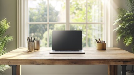 Wall Mural - A minimalist workspace featuring a laptop on a rustic wooden table, framed by greenery and sunlight streaming through a large window.