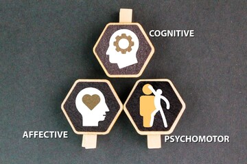 hexagon with icons of three mental domains cognitive, affective, and psychomotor.Schematic representing thoughts, emotions, and behavior