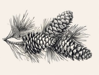 pine drawing. ancient artwork of botanical botany, antique pine branch with cones