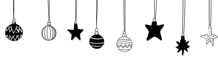 Canvas Print - Simple contours of christmas decorations and Christmas toys. Seamless modern border on white background. One continuous line modern drawing, background, banner, illustration.