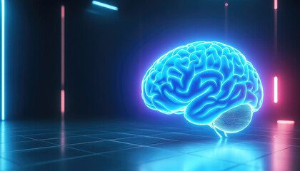 blue neon brain in an empty showcase room 