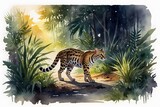 Ocelot walking through a night-lit jungle in watercolor style