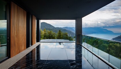 Balcony with panoramic window and ocean and mountain view. Modern interior of black marble room with terrace. Luxury studio for design of nature trips.