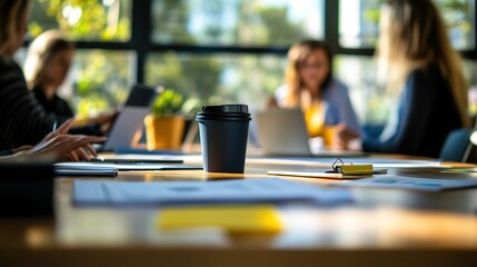 Canvas Print - A coffee cup on a table amid a collaborative workspace, with blurred figures discussing in the background.