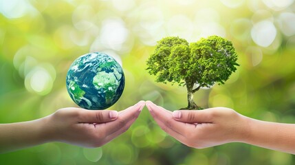 World Environment Day concept: Two hands cradling the Earth and a heart-shaped tree, representing global care and environmental responsibility in a green, natural setting