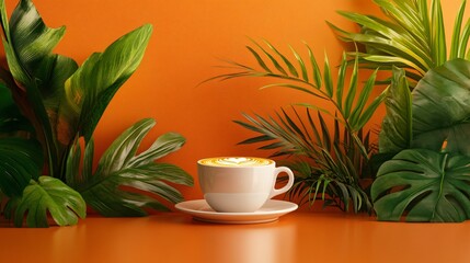 Wall Mural - A cup of latte art coffee with tropical leaves on a orange background.