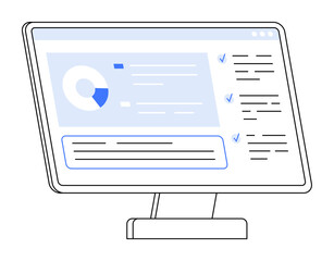 Computer monitor displaying a dashboard with a pie chart, checklists, and textual information. Ideal for tech, analytics, management, productivity, user interface, data visualization. Minimalist, mode