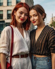 Poster - Two stylish young women with bold red lipstick smiling outdoors in casual chic outfits on a sunny day