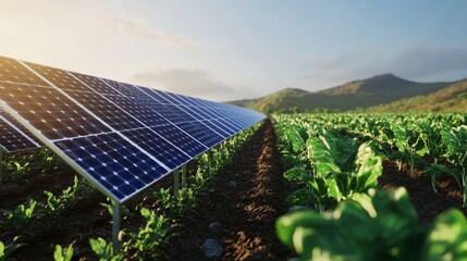 Solar panels in a green field with crops at sunset, representing sustainable energy and eco-friendly farming practices.