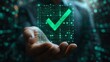 © Pravinrus - check mark for compliance, certification or audit concept with a business man holding a digital hologram of green