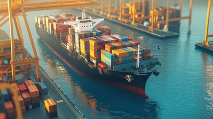 Cargo ship loaded with containers is docked at a bustling industrial port as cranes prepare for unloading. A great visual for logistics, maritime transport, and global trade.