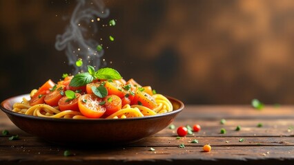 Steaming bowl of pasta with tomatoes and fresh herbs
A close-up of a steaming bowl of pasta topped with fresh cherry tomatoes, basil, and herbs on a rustic wooden table. Horizontal photo with copy spa