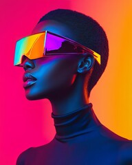 Poster - Stylish model showcases vibrant sunglasses against a colorful backdrop