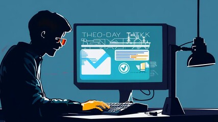 A dedicated coder engages with complex algorithms and designs in a tech-savvy environment during the evening hours