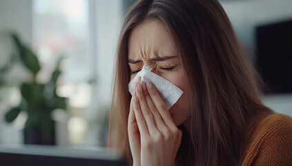 Young woman sneezing into a tissue, experiencing allergy or cold symptoms indoors at home during daytime.