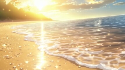 Poster - Golden sunrise reflects on gentle waves along a serene beach shoreline with sparkling sand and tranquil atmosphere